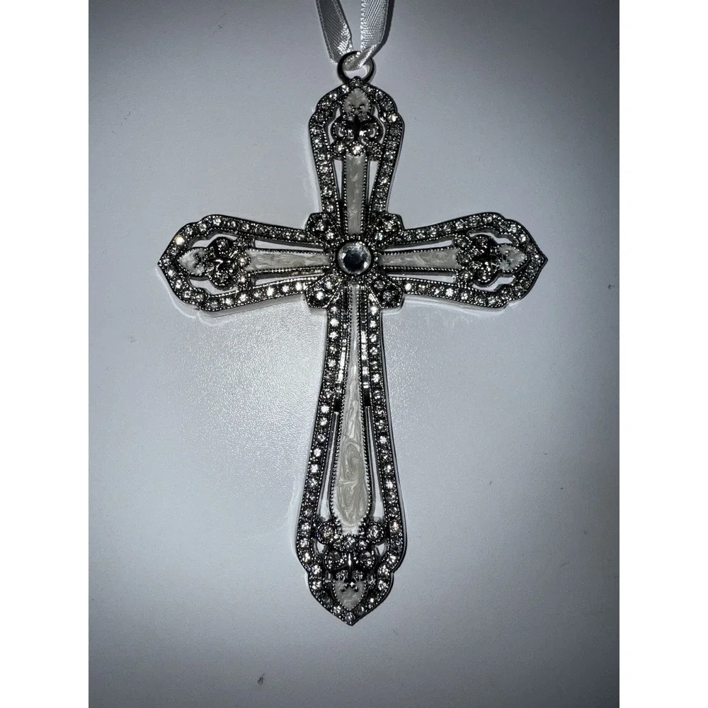 NIB Lenox Cross Christmas Tree Ornament Silver Clear Mother of Pearl‎ Enamel  G
